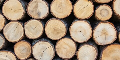 Fototapeta premium wood logs, cross-sections, tree rings, stacked firewood, natural textures, circular patterns, forest resource, timber industry, warm tones, organic shapes, rustic background, close-up detail, woodgrai