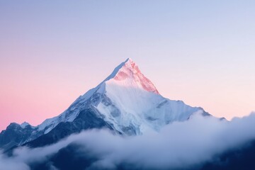 A mountain with a snow covered peak and a cloudy sky. The mountain is surrounded by a blue sky with a pinkish hue