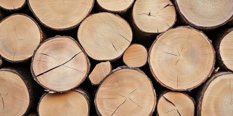 Fototapeta premium wood logs, cross-sections, tree rings, stacked firewood, natural textures, circular patterns, forest resource, timber industry, warm tones, organic shapes, rustic background, close-up detail, woodgrai