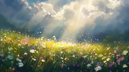 Obraz premium Sunlit Meadow with Wildflowers and Green Grass