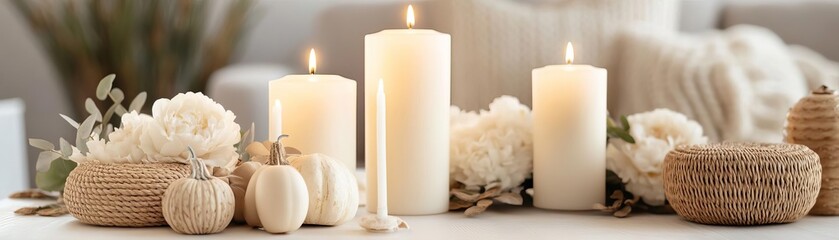 Obraz premium Neutral Thanksgiving table with ivory candles, cream flowers, and woven accessories, style tranquil refinement