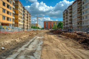 Fototapeta premium Urban transformation captured on a bright day in a developing residential area