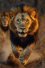 Obraz premium Wildlife scene of two lions sprinting across a dry, earthy terrain
