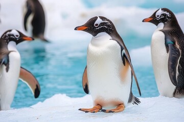Obraz premium A group of penguins standing together on the snowy ground, waiting for something