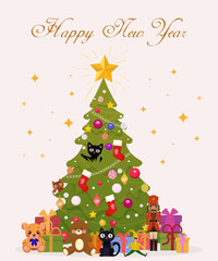 Happy new year greeting card. Vector illustration with holiday balls, garlands, dolls, cats, box and typography design