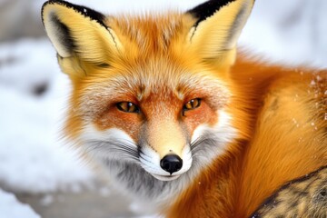 Fototapeta premium A close-up photo of a red fox in snowy environment, great for winter or nature themed projects