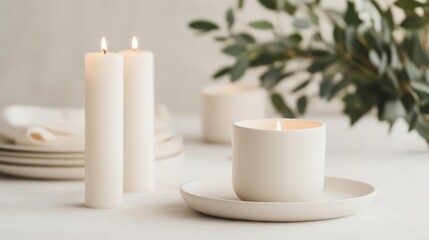Neutral Thanksgiving table with muted cream highlights and delicate candlelight, style serene artistry