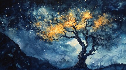 Obraz premium Surreal Watercolor Tree with Glowing Branches at Night