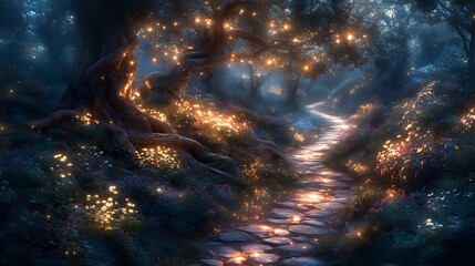 Obraz premium Enchanting magical forest path at night with glowing lights and flowers.