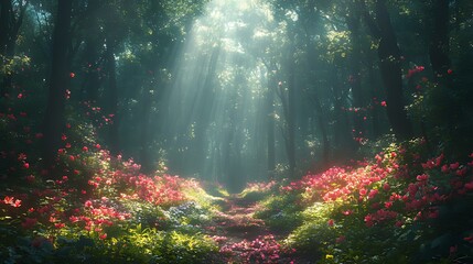 Obraz premium Sunbeams illuminate a magical forest path lined with vibrant pink flowers and lush greenery.