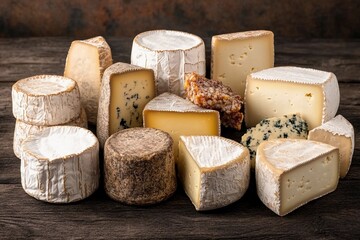 Cheeses of various textures and colors arranged artistically on a rustic wooden table