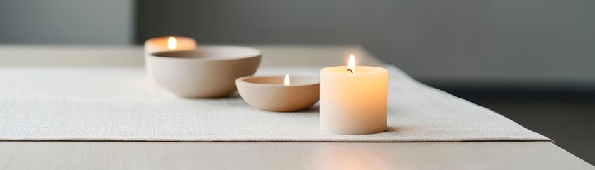 Neutral Thanksgiving table with a minimalistic runner and soft candlelight, theme simple warmth