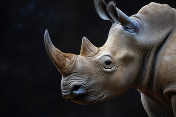 A close-up shot of a rhino's face on a black background