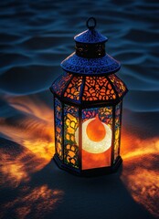 Beautifully Crafted Lantern Glowing at Night on Sandy Desert Surface with Intricate Patterns and a Soft Illuminated Moon Shape Inside