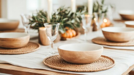 Thanksgiving table in neutral tones, styled with raw wooden bowls and earthy textures, focus grounded warmth