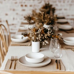 Thanksgiving table styled with earthy neutral tones and dried seasonal foliage, focus rustic modernity