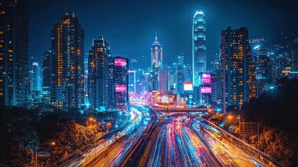 Fototapeta premium Vibrant cityscape at night with illuminated skyline.