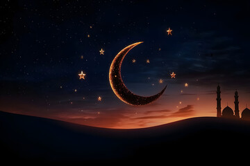 A stunning crescent moon against the night sky, marking the beginning of Ramadan, creativity with copy space