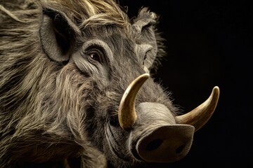 Close-up of a warthog's head on a black background