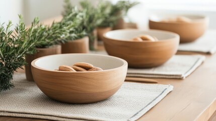 Thanksgiving table styled with raw wood bowls and natural textures, focus grounded refinement