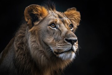 Close-up portrait of a lion's face against a dark background, great for use in wildlife or...