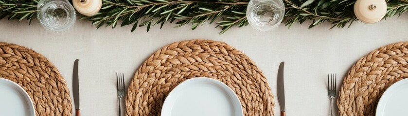 Thanksgiving table styled with woven chargers and soft taupe linens, concept rustic tranquility