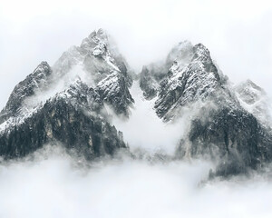 Obraz premium Majestic snow-capped mountains shrouded in mist, creating a serene and awe-inspiring winter landscape.