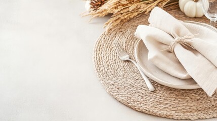 Thanksgiving table styled with woven textures and pale beige linens, style rustic refinement