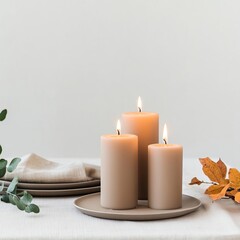 Thanksgiving table with sand-colored candles, neutral linens, and minimal decor, concept soft autumn hues