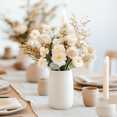 Thanksgiving table with beige florals and earthy ceramic decor, style rustic minimalism
