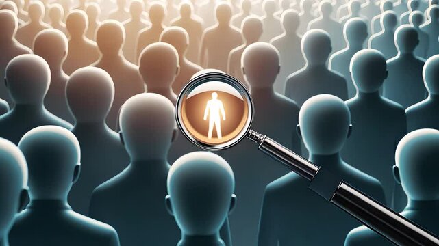Magnifying Glass Focusing on a Single Figure Among a Crowd, Highlighting Individuality and Targeted Search Concept

