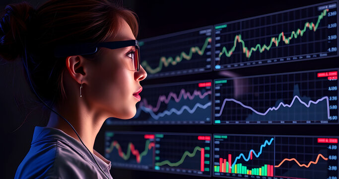 Woman wearing ai glasses looking at graphs displayed to her side
