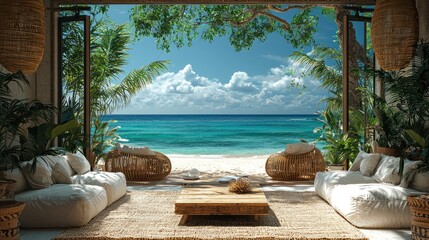 Obraz premium Serene beachfront view from a cozy lounge area.