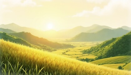 Obraz premium Watercolor landscape background, golden sunlight on rolling hills and rice fields, representing rural Japan and unity spirit with copy space
