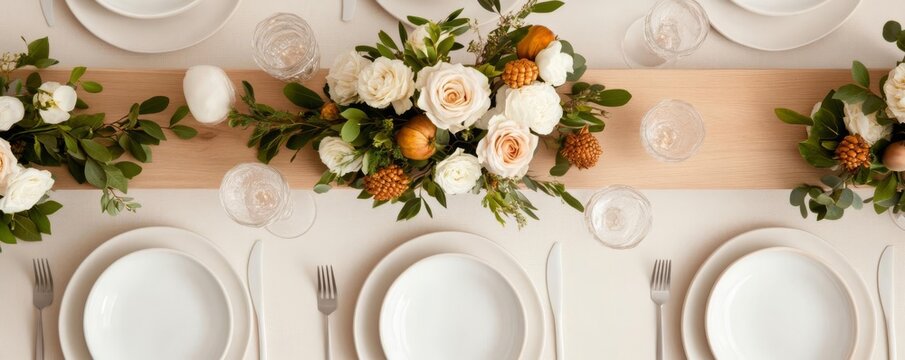 Thanksgiving table with raw wooden elements and creamy florals, concept understated refinement