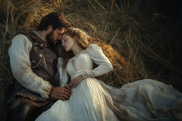 beautiful couple in love, sleeping on hay, medieval times, book design