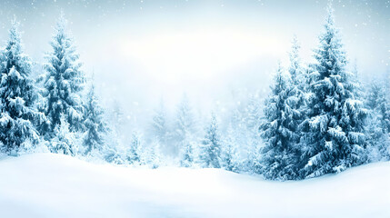 Fototapeta premium Serene winter wonderland scene showcasing snow-covered evergreen trees under a softly falling snow. Ideal for holiday or winter-themed projects.