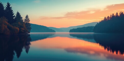 Fototapeta premium Serene Sunset Over Still Lake And Mountains