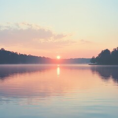 Serene Sunset Over Calm Lake Water Trees