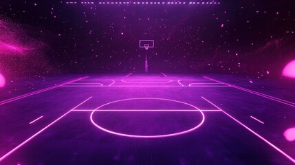 Neon-lit basketball court at night.