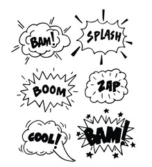Hand drawn explosion speech bubble, splash smoke element. Comic doodle sketch. Explode speech bubble with pow, boom, omg text. Vector illustration.