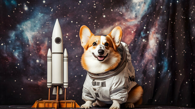A corgi in a space suit sitting beside a model rocket with a galaxy backdrop