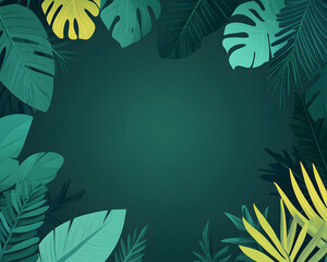 Obraz premium Lush tropical leaves frame a dark teal background, perfect for adding text or images. Ideal for summer themes, travel brochures, or invitations.