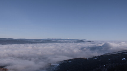 mountains in the fog