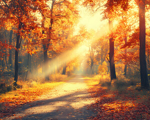 Sunbeams illuminate a picturesque autumnal path, surrounded by vibrant foliage and majestic trees. Perfect for fall-themed designs or seasonal backgrounds.