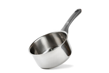Stainless steel saucepan isolated on white background. Modern saucepan. Kitchen utensils. Cooking pan. Cooking concept. Mockup