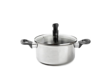 Stainless steel saucepan isolated on white background. Modern saucepan. Kitchen utensils. Cooking pan. Cooking concept. Mockup