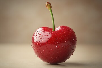 Dew-covered red cherry, stem upright.