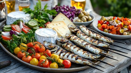 A vibrant outdoor feast featuring grilled fish and fresh vegetables.