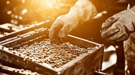 Hands Collecting Seeds in Golden Hour Light